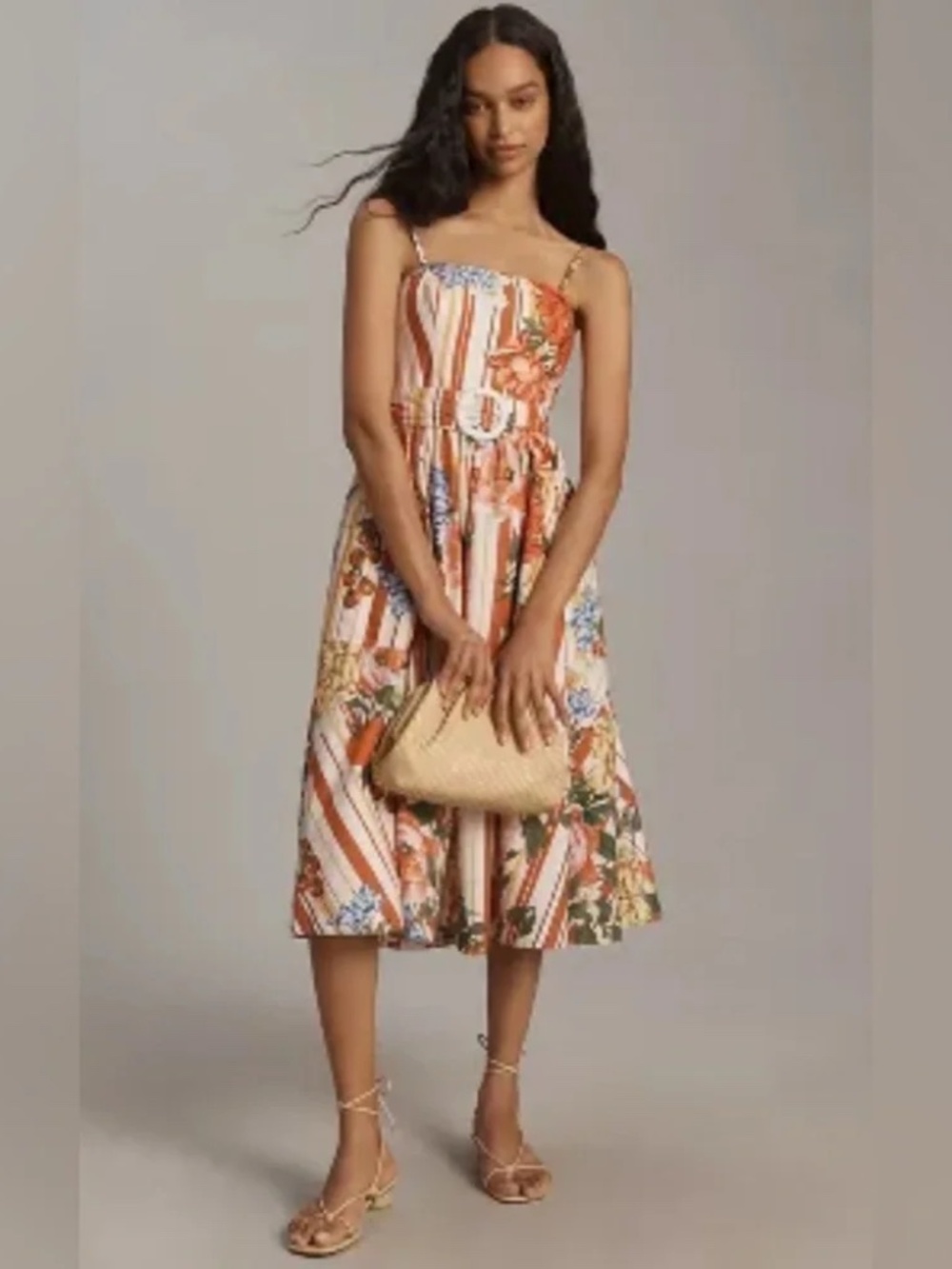 Anthropologie Maeve Strapless Belted A Line Midi Dress Red Floral Pockets XS